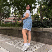 Denim Overall Shorts - Light Wash with Bees