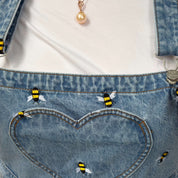 Denim Overall Shorts - Light Wash with Bees