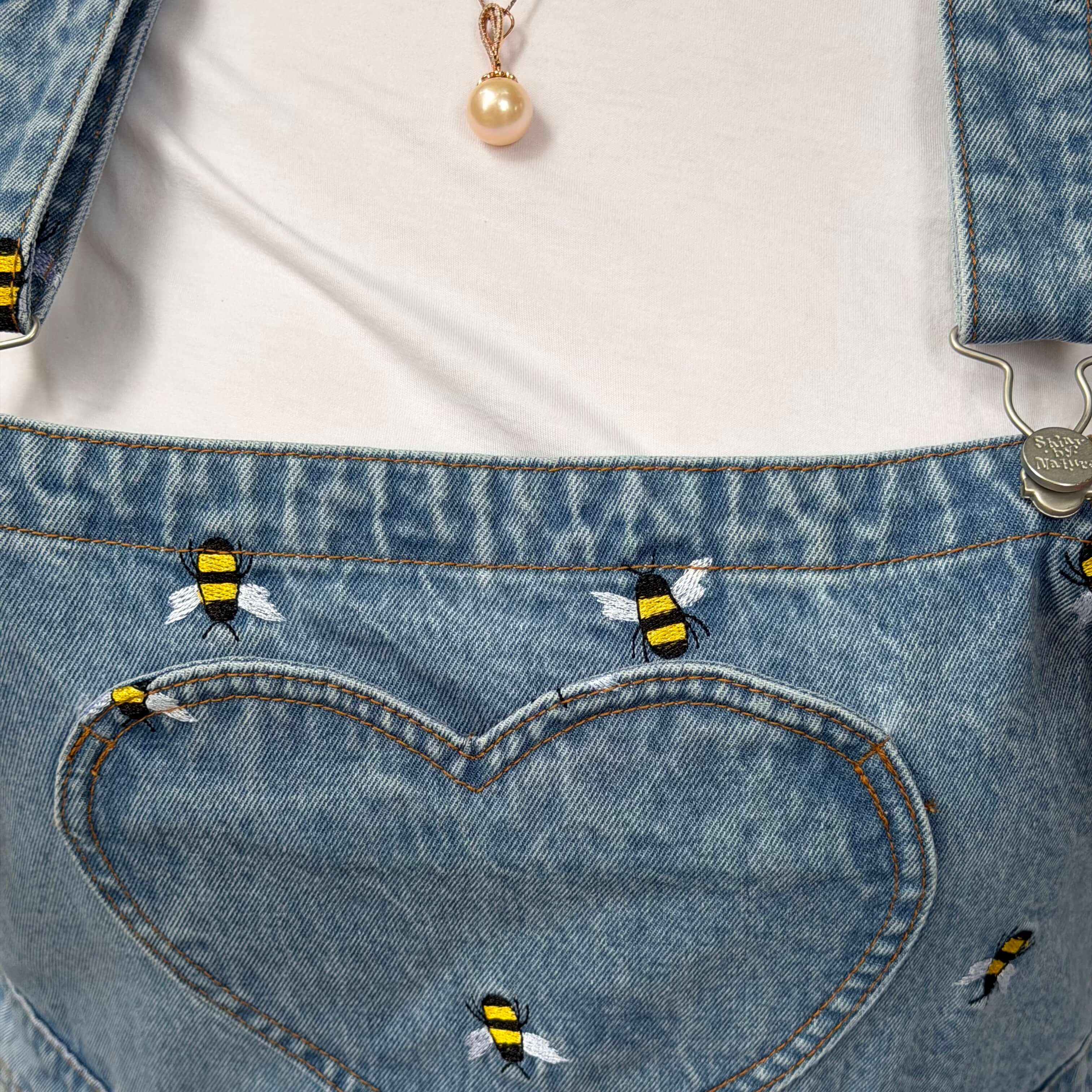 Denim Overall Shorts - Light Wash with Bees