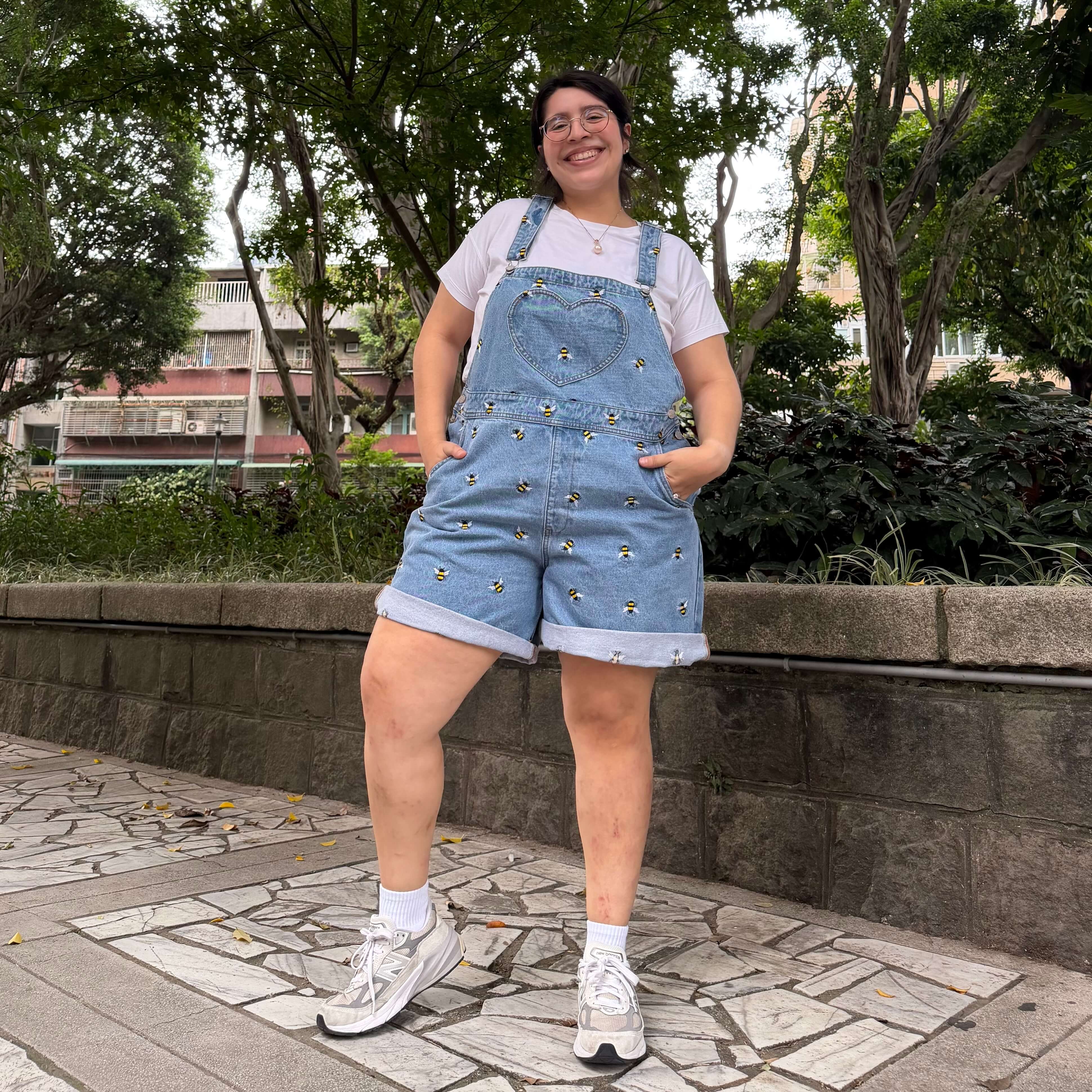 Denim Overall Shorts - Light Wash with Bees