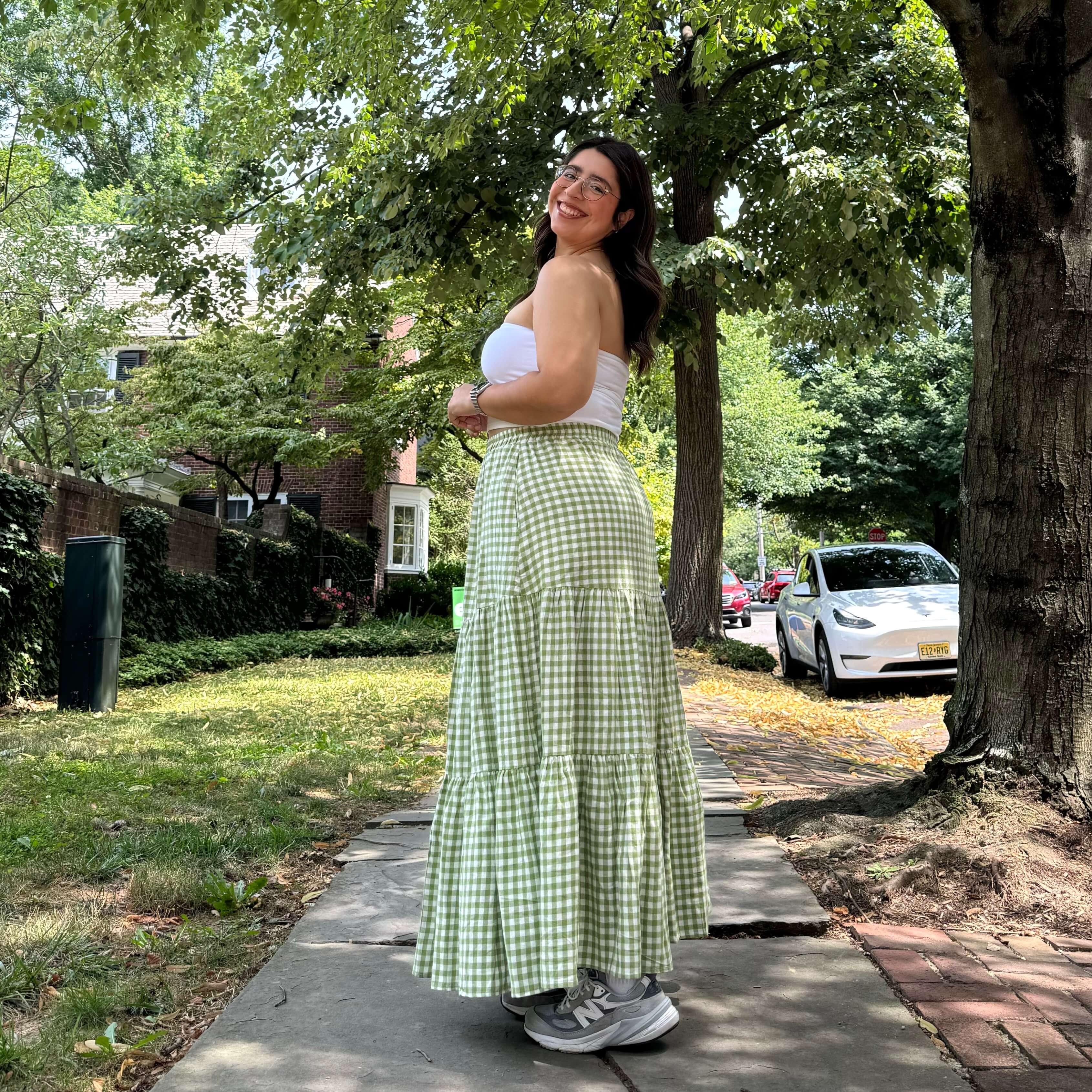 Gingham Long Skirt - Matcha