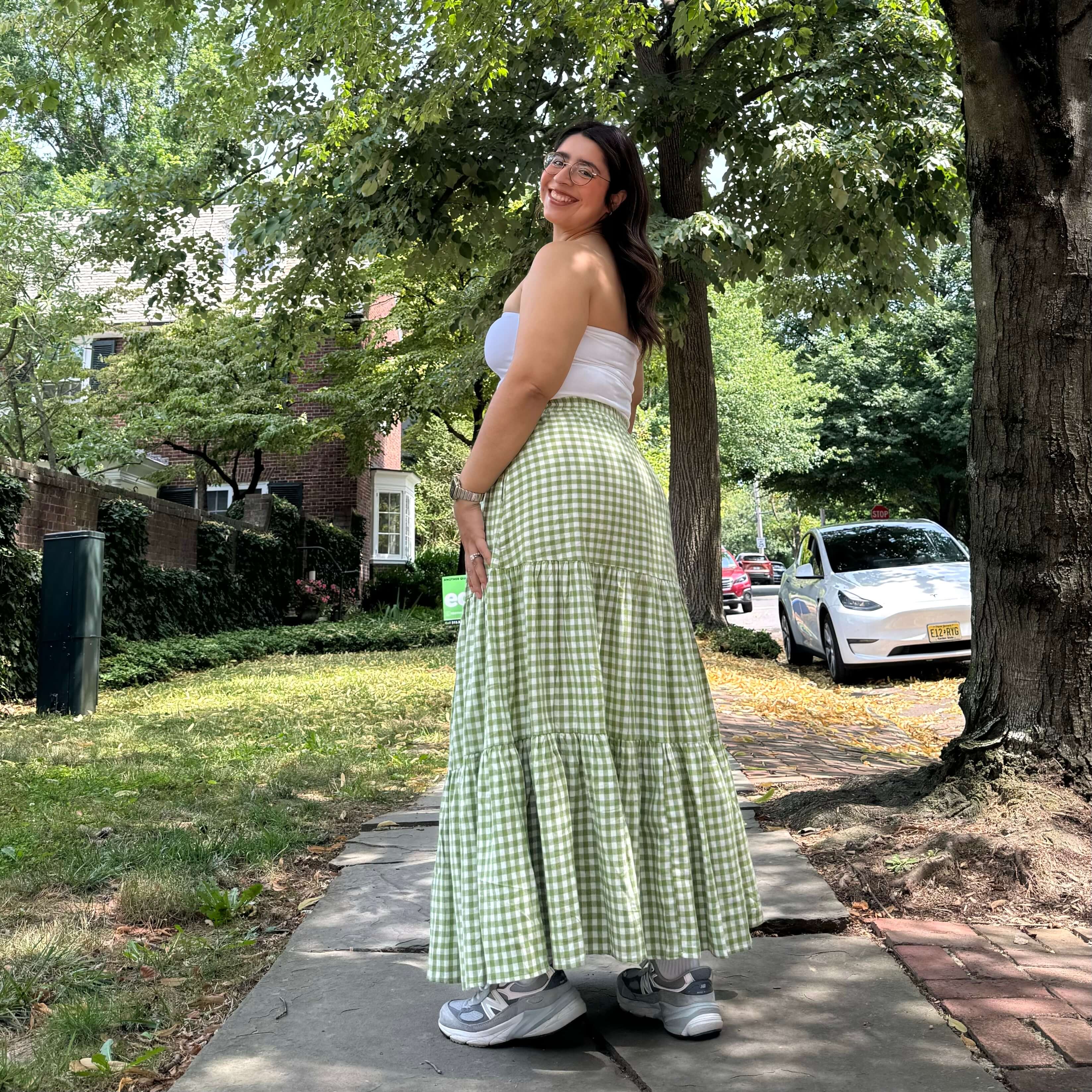 Gingham Long Skirt - Matcha