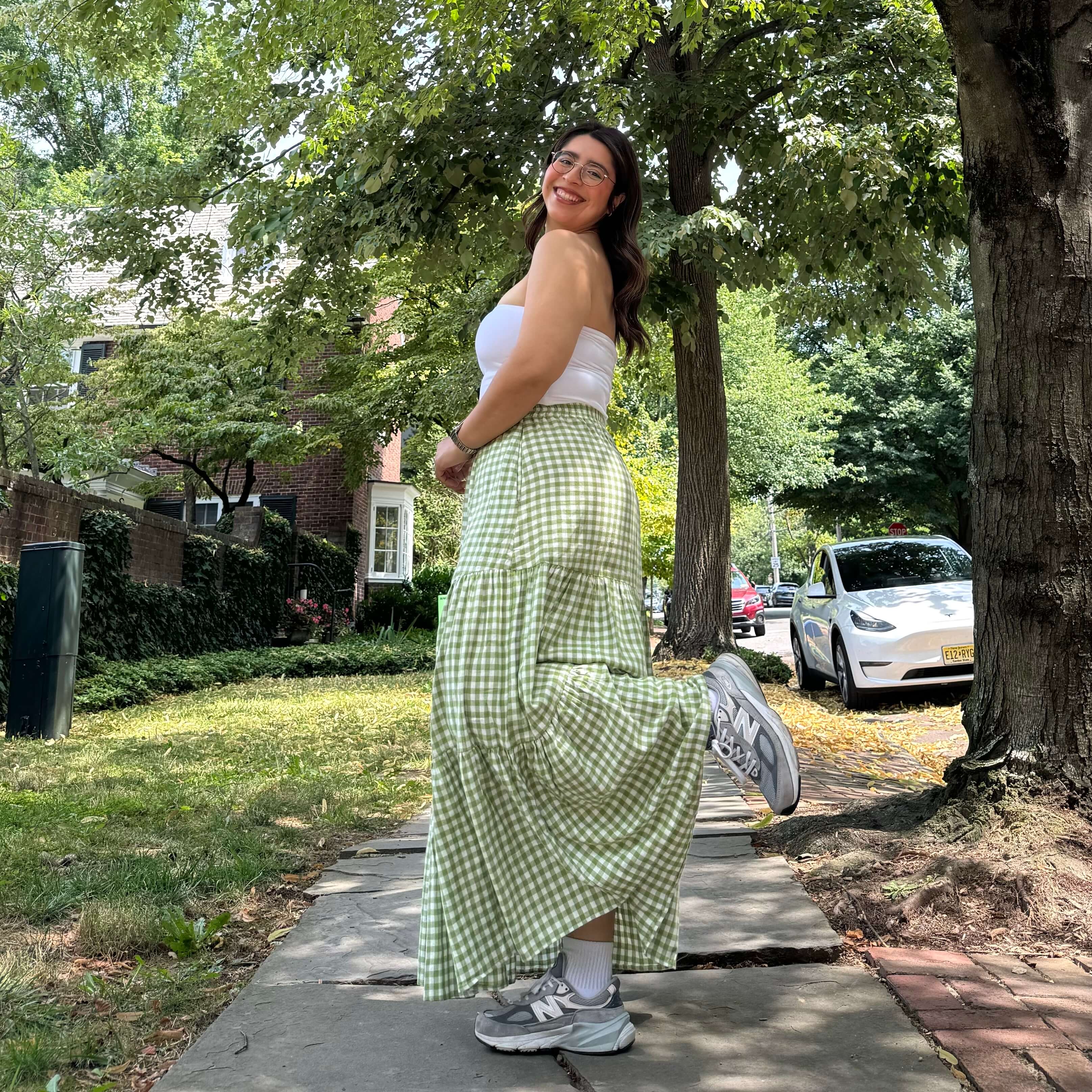 Gingham Long Skirt - Matcha