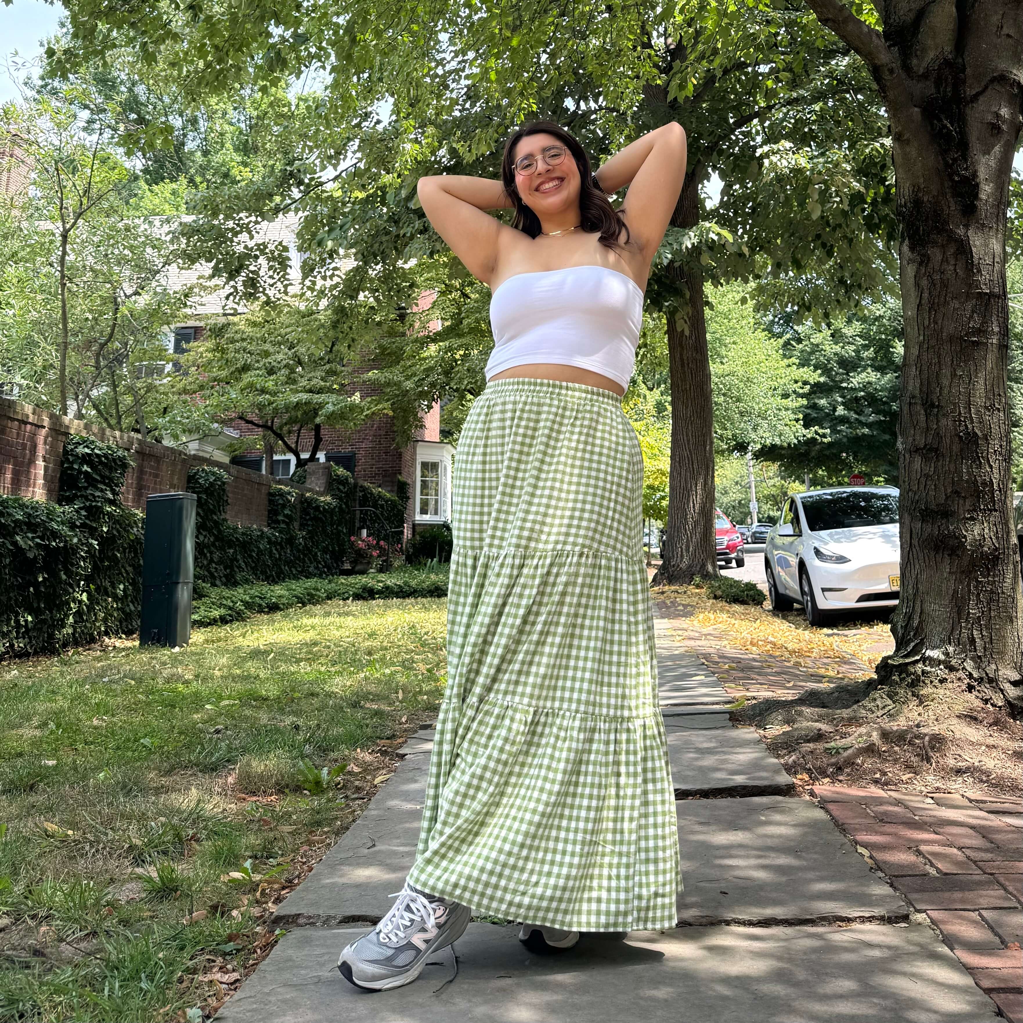 Gingham Long Skirt - Matcha